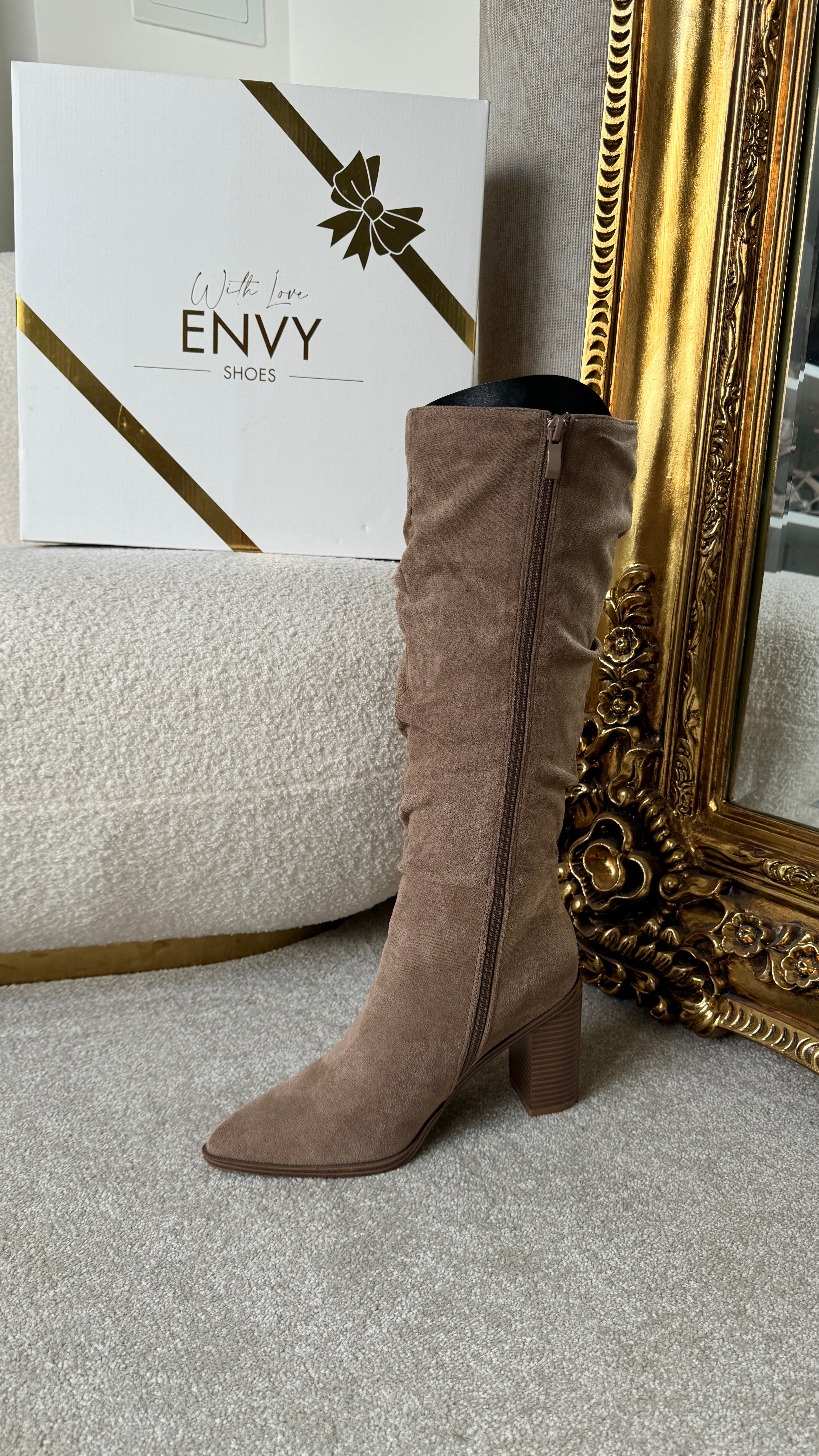 GABRIELLE FAUX SUEDE KNEE HIGH RUCHED BOOTS – Envy Shoes UK