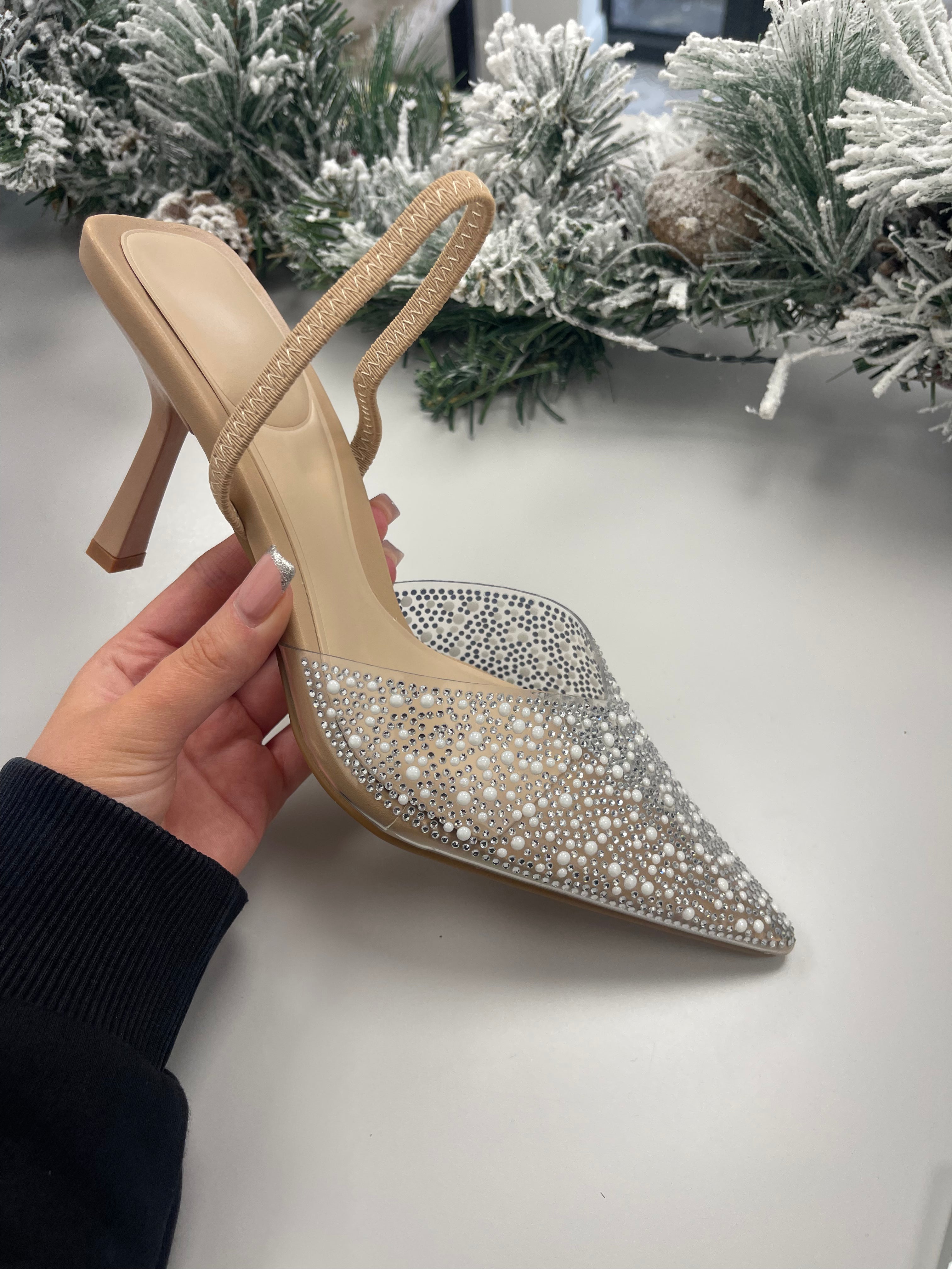 ASHLEY NUDE PERSPEX PEARL SLINGBACK JEWEL HEELS Envy Shoes UK