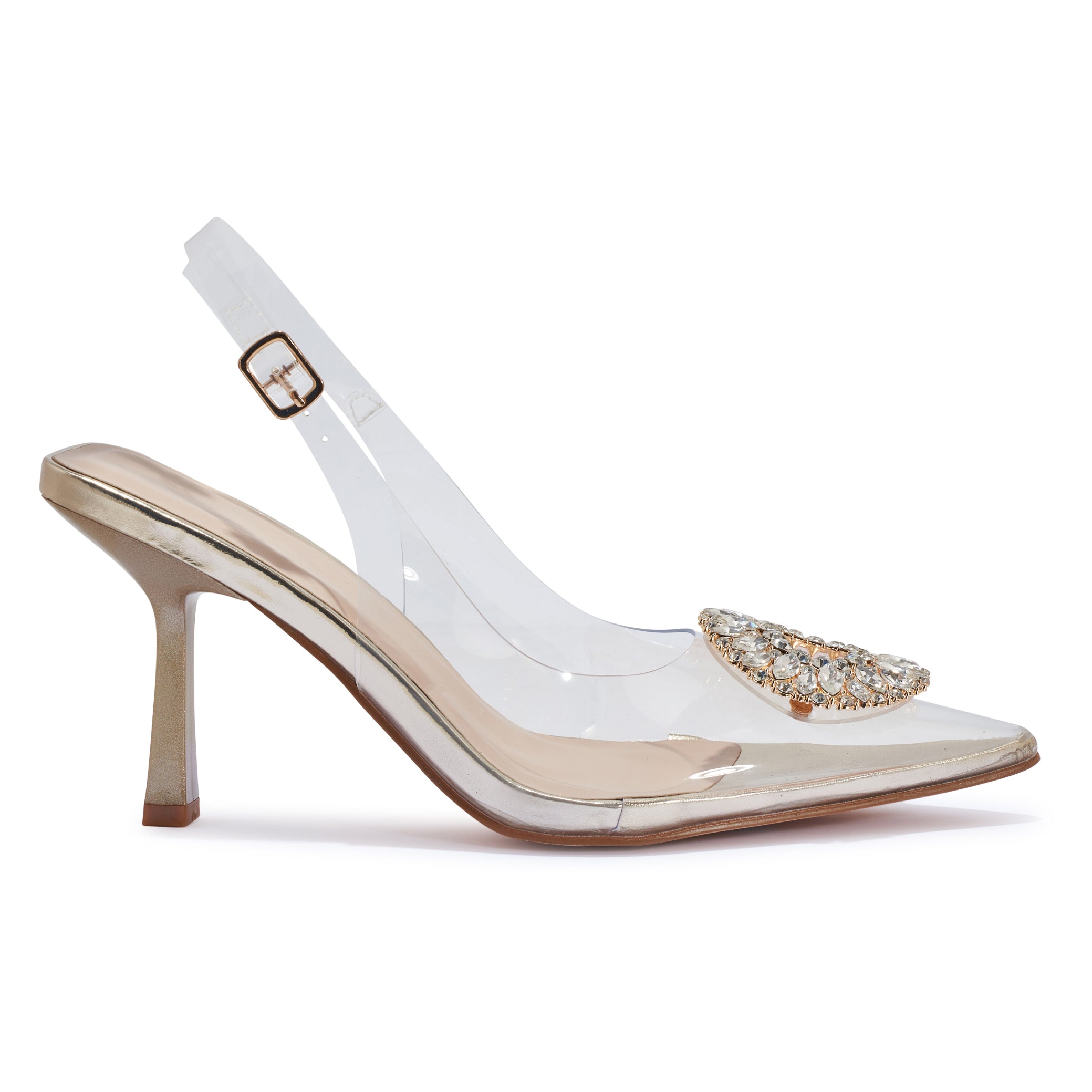 PRISCILLA GOLD CLEAR PERSPEX SLINGBACK JEWEL HEELS – Envy Shoes UK