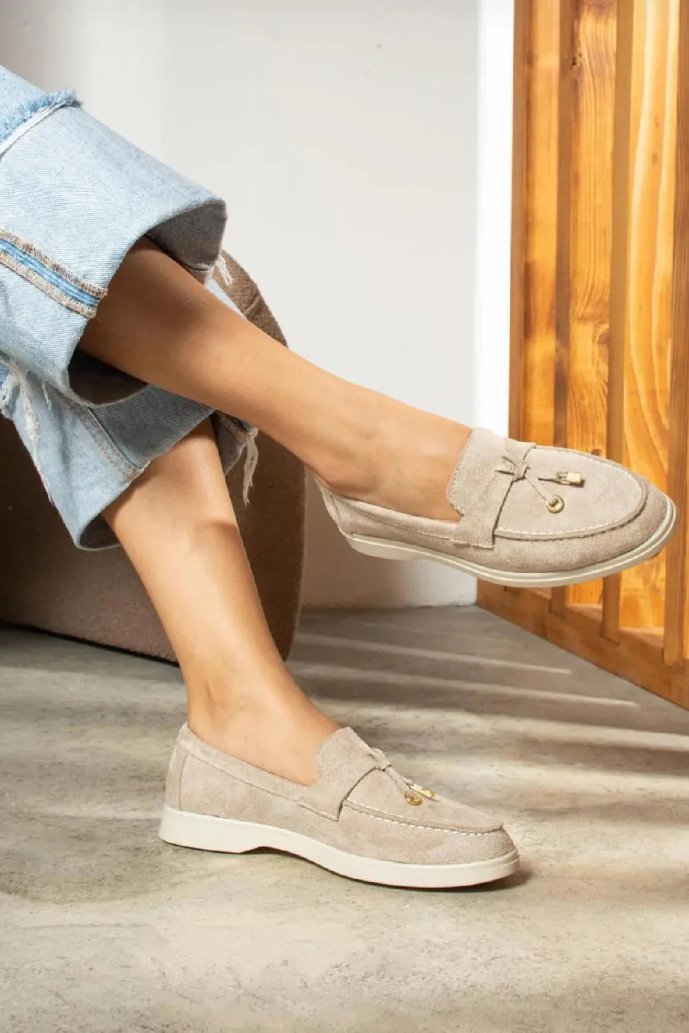 WILMA BEIGE FAUX SUEDE TASSEL LOAFERS – Envy Shoes UK