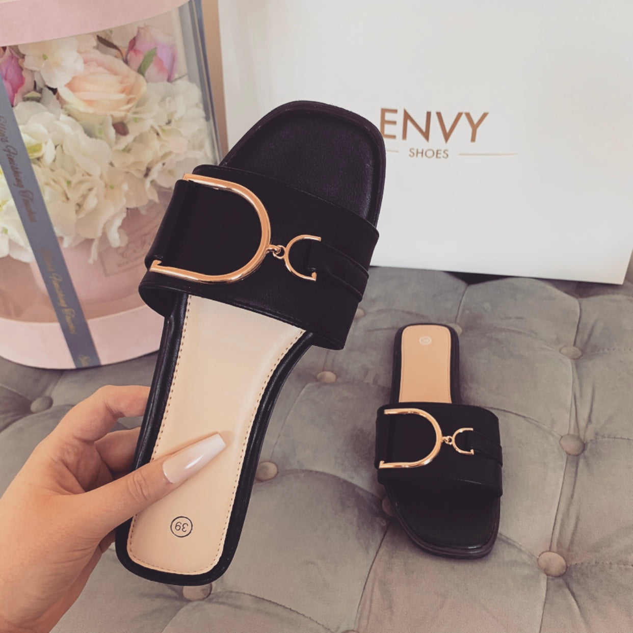 DIDI BLACK BUCKLE SLIDERS – Envy Shoes UK